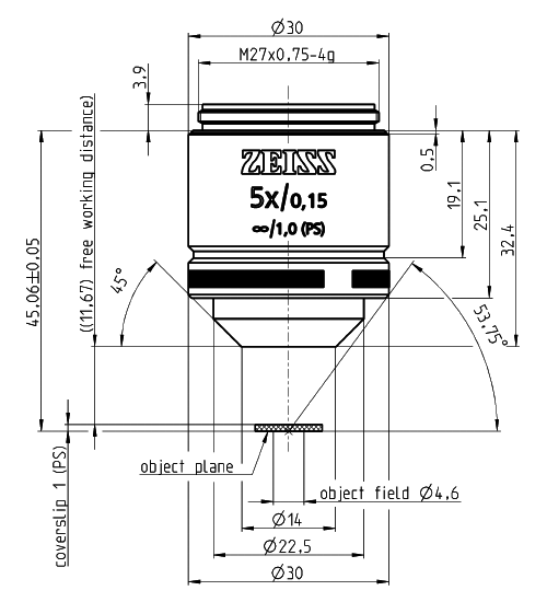 蔡司物鏡Objective LD A-Plan 5x/0.15 M27長(zhǎng)工作距離明場(chǎng)