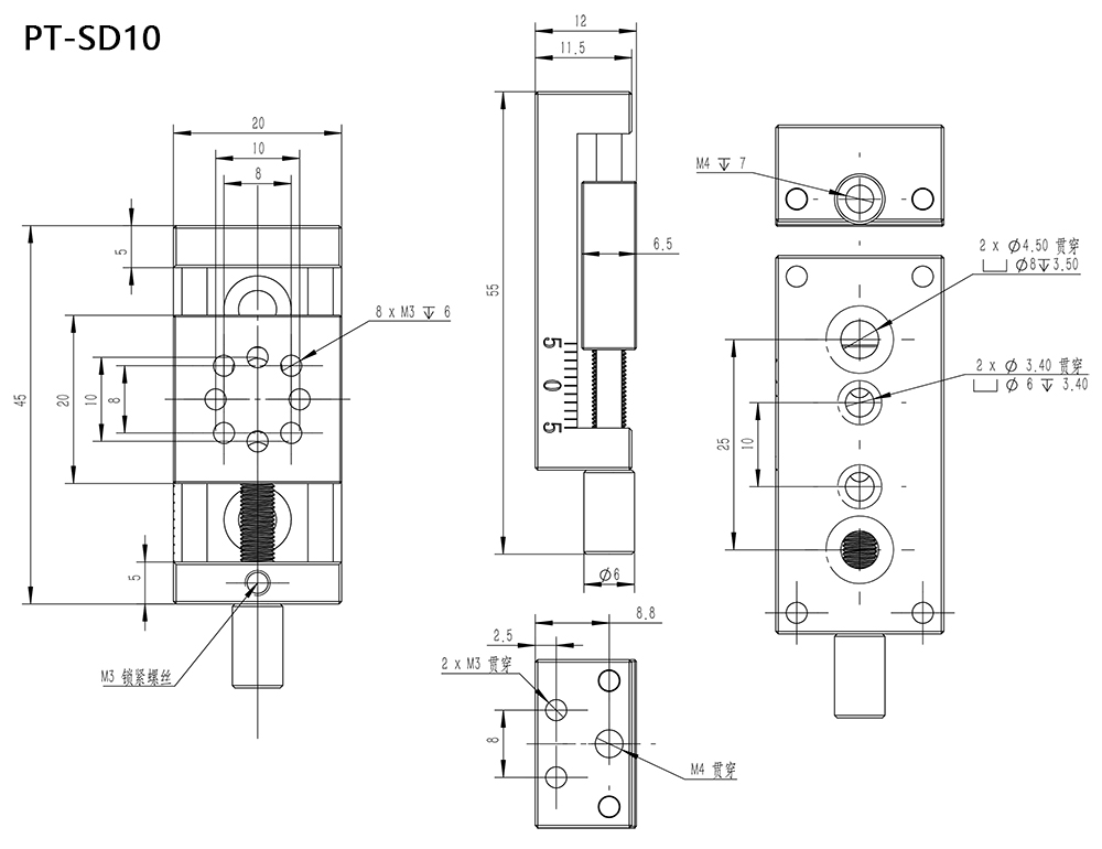 PT-SD10 35 65 95手動平移臺 X單軸位移臺 一維位移臺滑臺